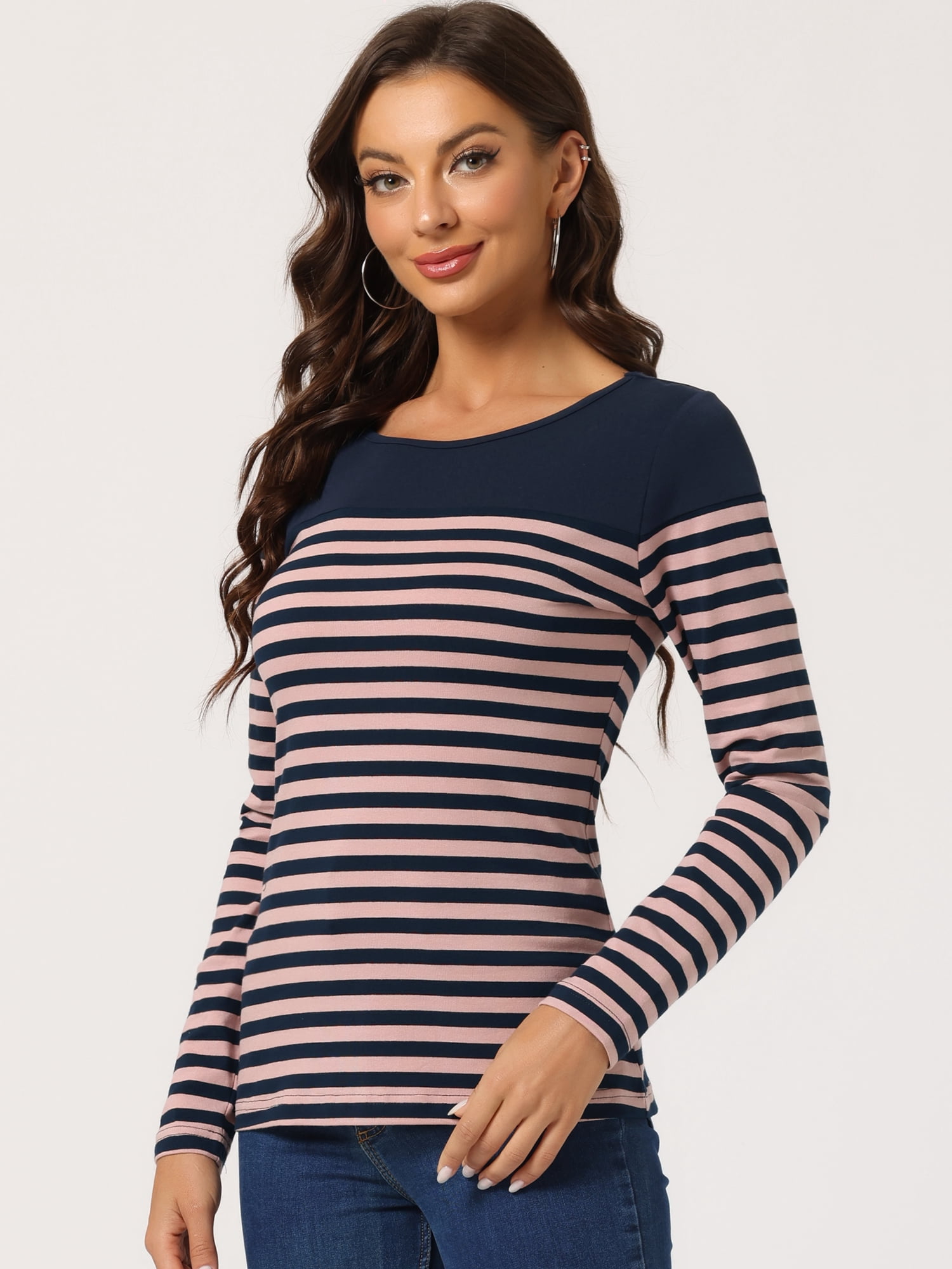 DARING DIVA Women's Color Block Striped Knit Top Long Sleeves T-Shirt M Blue Pink
