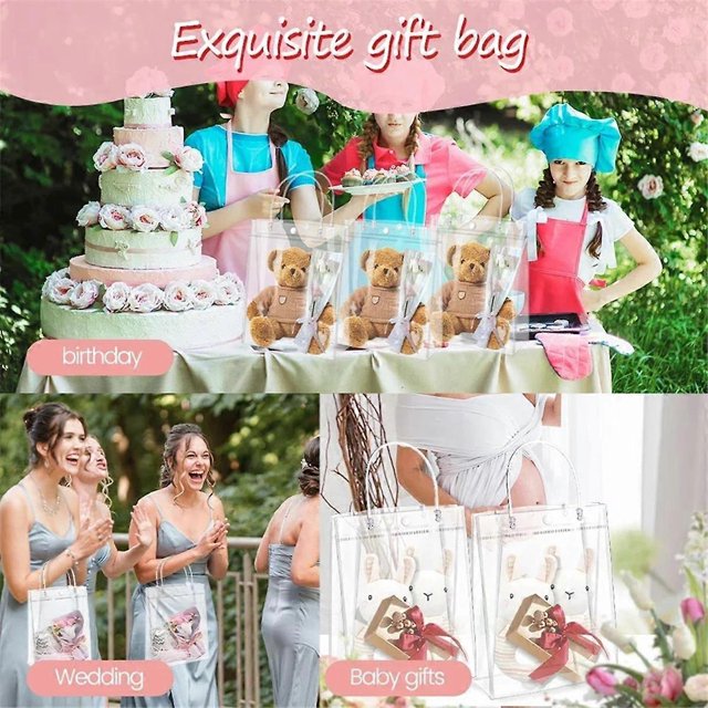 50PCS Clear PVC Gift Bags with Handles Reusable Plastic Wrap Tote Bags Transparent Shopping Bag for Christmas Party