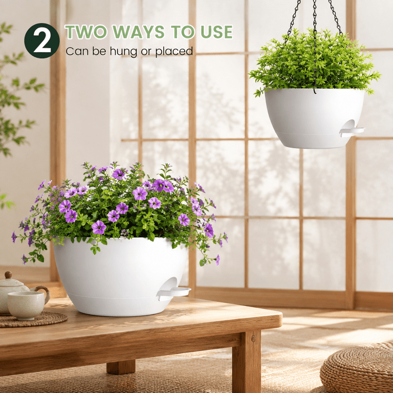 3 Inchess 3 Pack White 10 Inch Hanging Self-Watering Plastic Planters for Indoor ...