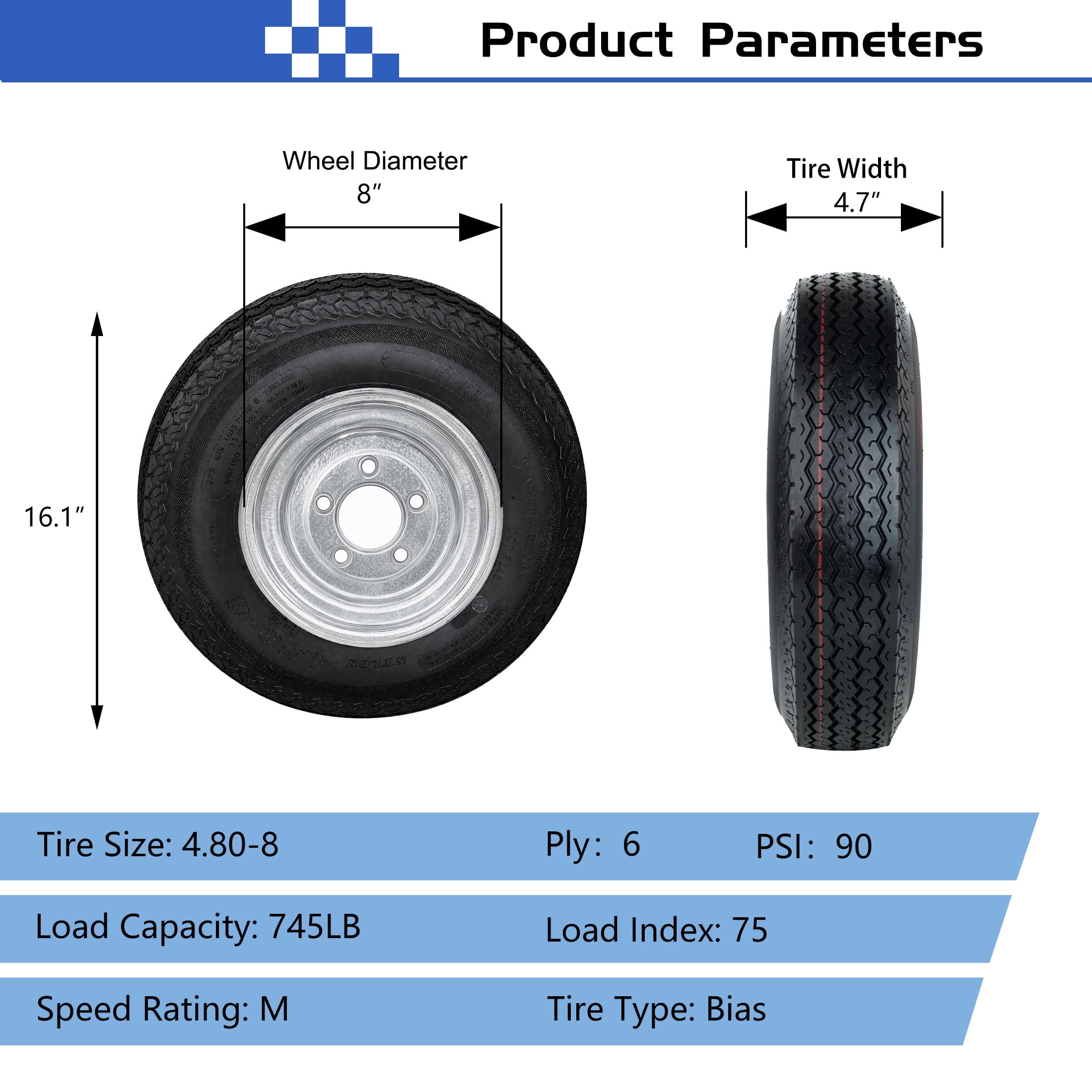 Hi-Run 2 Set SU01 4.80-8 6PR Boat Trailer Tire and 5-Lug Galvanized Wheel Assembly