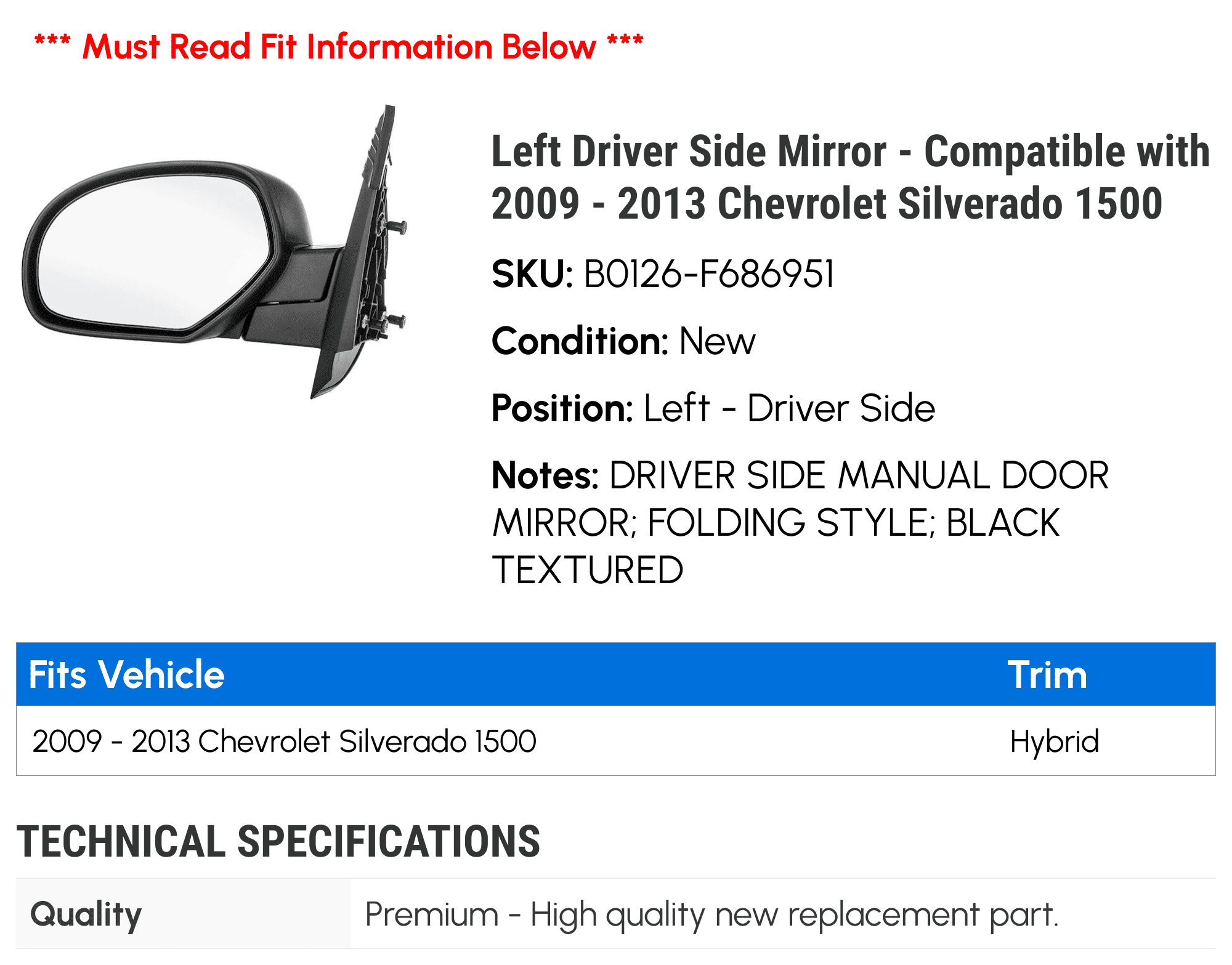 Left Driver Side Mirror - Compatible with 2009 - 2013 Chevy Silverado 1500 2010 2011 2012