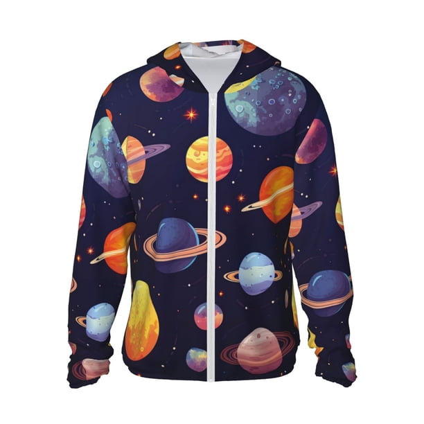 Fotbe Space Planet Chaqueta con Protección Solar UPF 50+ para Hombre y Mujer, Camisa con Capucha y Bolsillos-Large