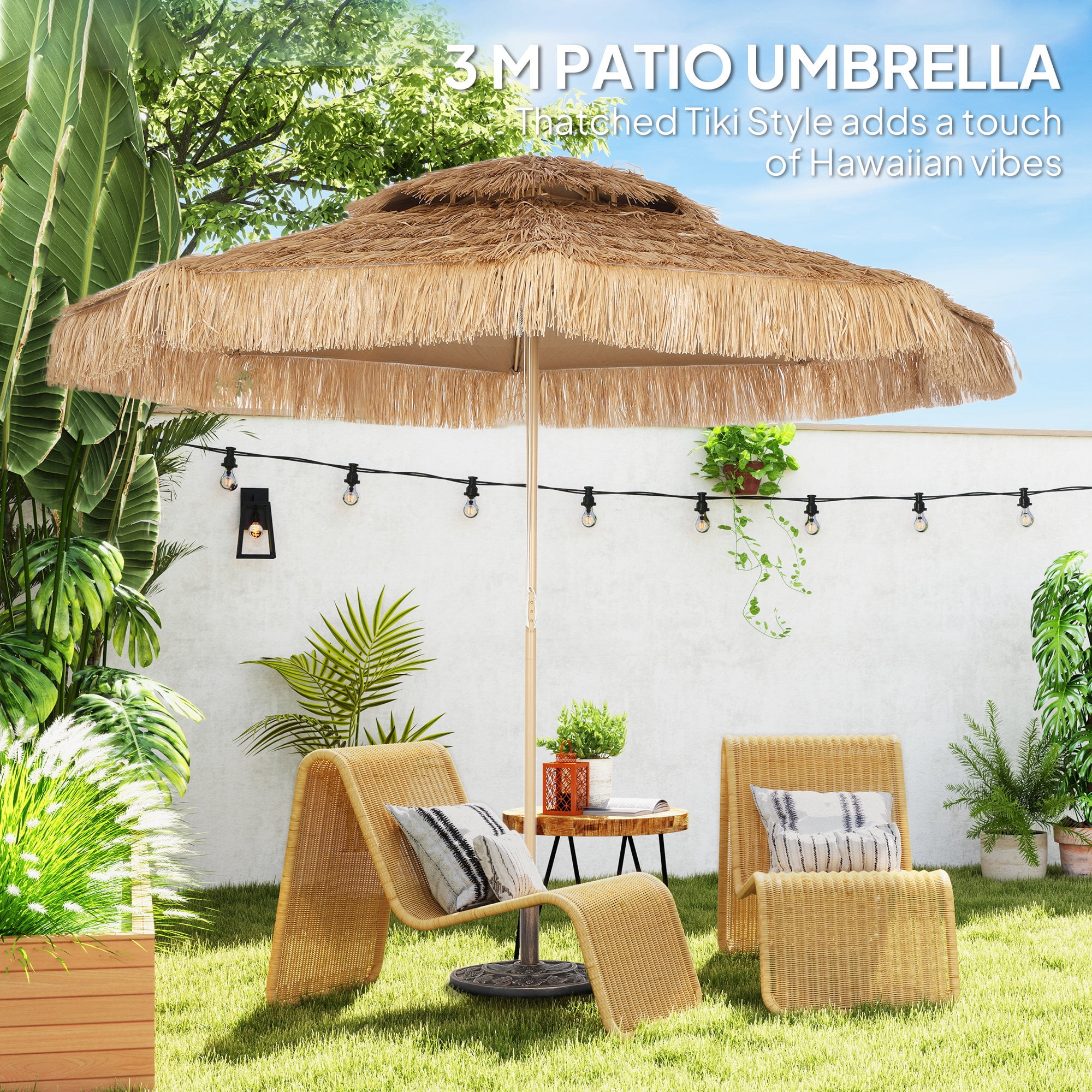 Outsunny 10 ft. Hula Thatched Tiki Patio Umbrella, Hawaiian Style Outdoor Umbrella with 8 Ribs, UPF30+, for Garden, Backyard, Deck, Pool, Natural