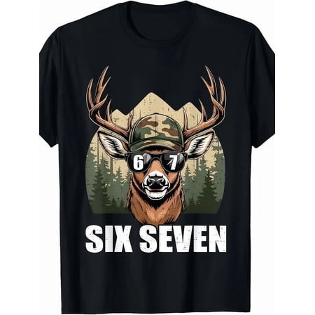 Men s Cool Deer Graphic T-Shirt Camouflage Hat Sunglasses Six Seven Hunting Tee