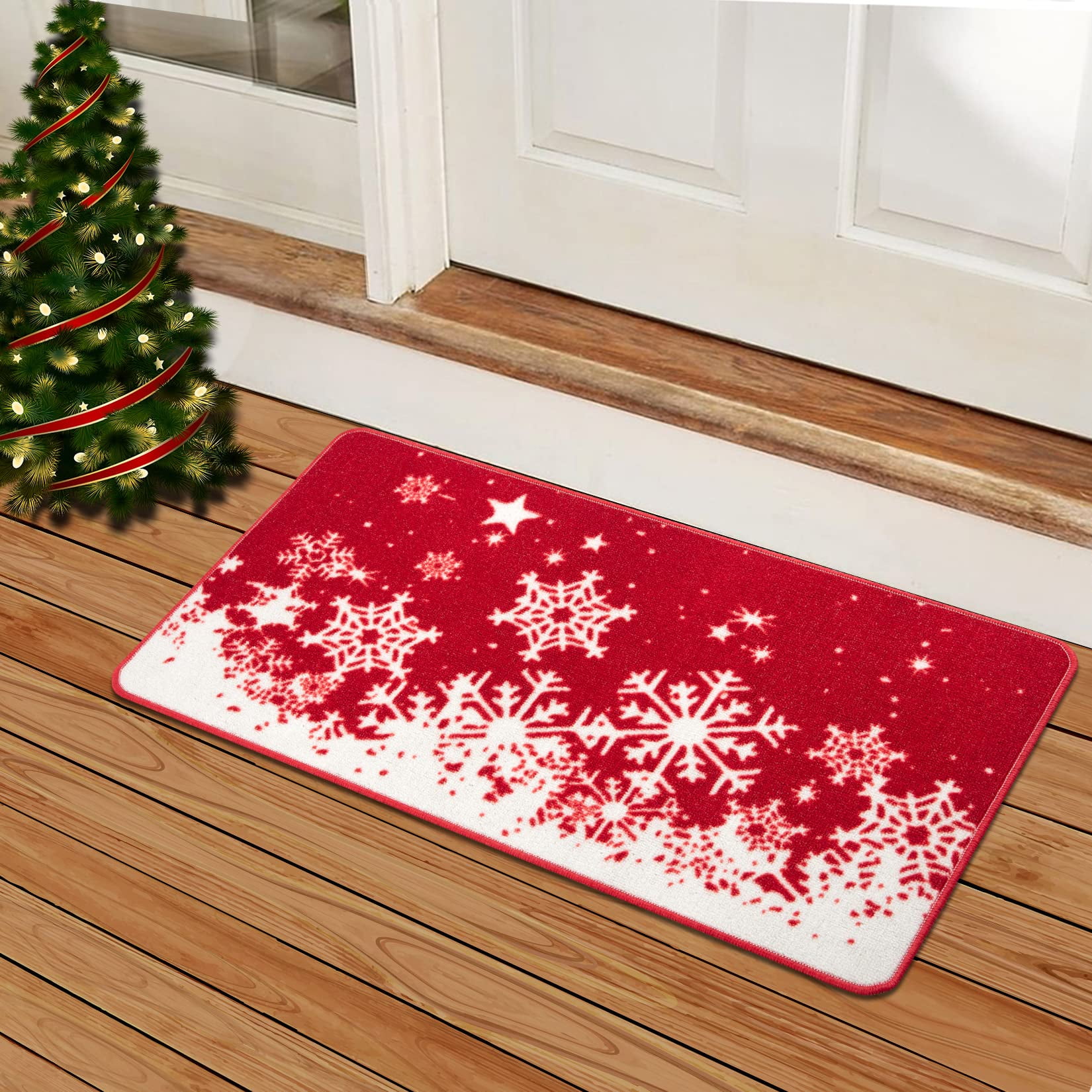 Christmas Door Mat Outdoor for Front Door Decorations , Red Buffalo Plaid  Snowflakes Merry Christmas Doormat,Winter Holiday Welcome Floor Mat Rug