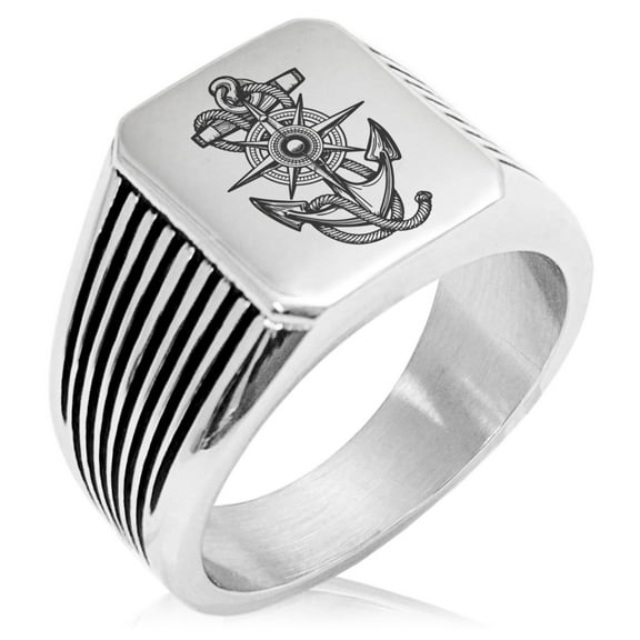 Stainless Steel Nautical Compass Dial & Anchor Needle Stripe Pattern Biker Style Polished Ring