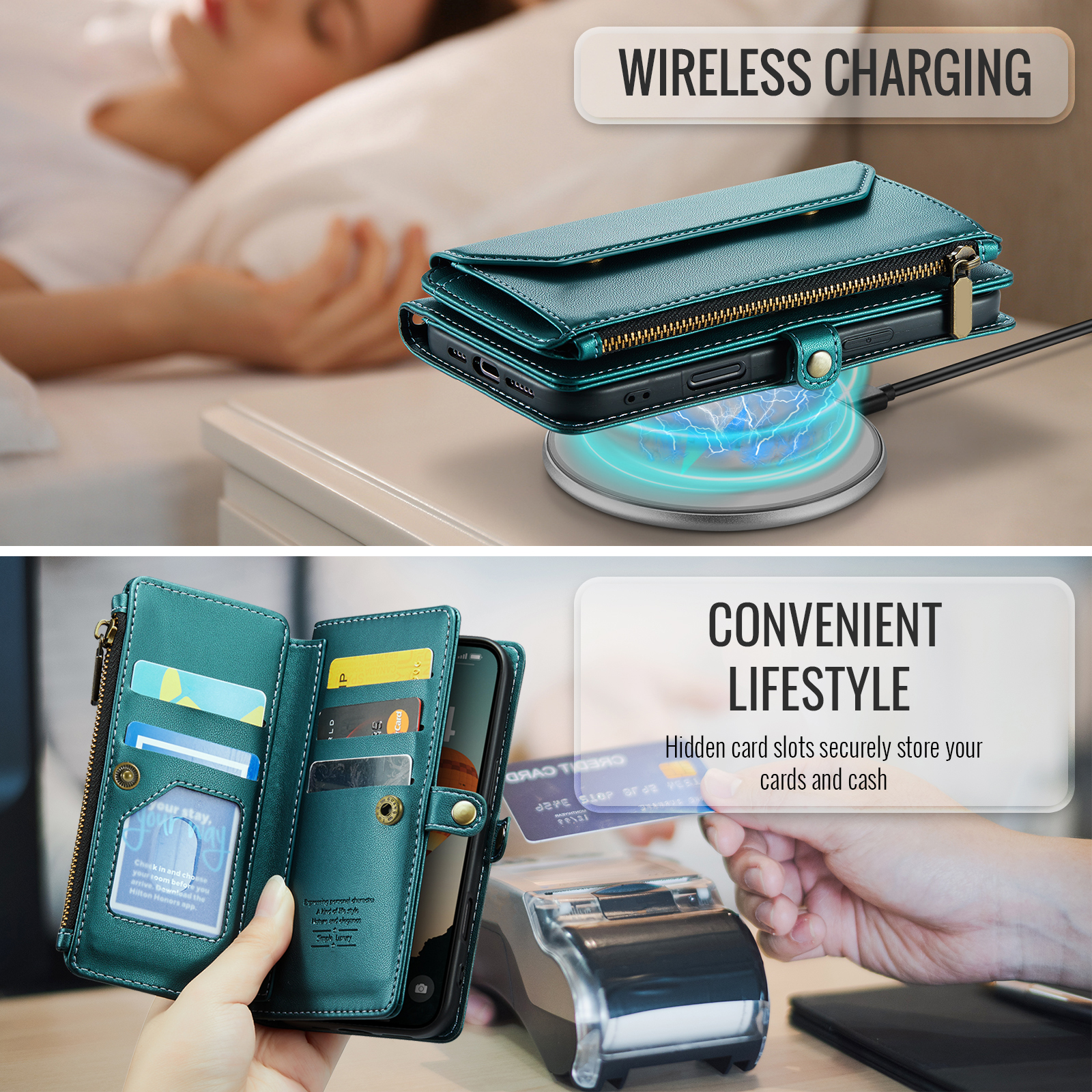 Asuwish Compatible with iPhone 16 Pro 6.3 inch Zipper Wallet Phone Case Tempered Glass Screen Protector Crossbody Lanyard Strap Flip Card Holder Slot Cell Cover for i Phone16 i16 16Pro Women Green