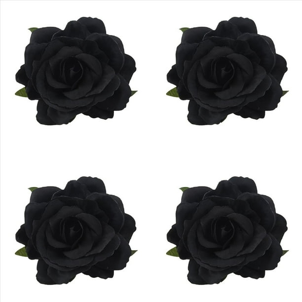 4X Seda Pelo de la Flor Broche de la Boda Ramillete Clip de la Flor 8 cm Broche Accesorios - Negro