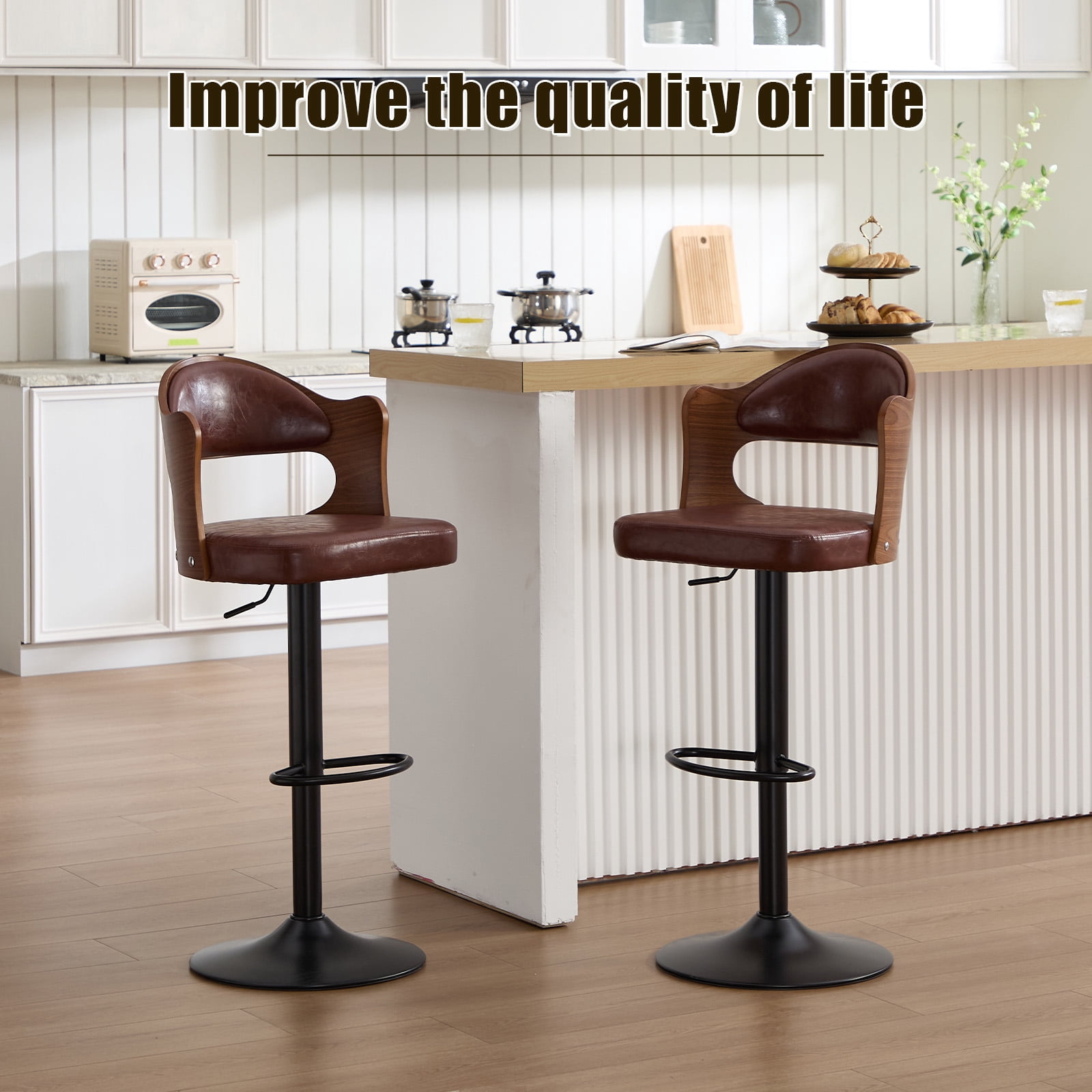 Homefun Swivel Bar Stools Set of 2,Wooden Upholstered Scratch-Resistant Fabric with Back,Chairs for Kitchen Island,Brown
