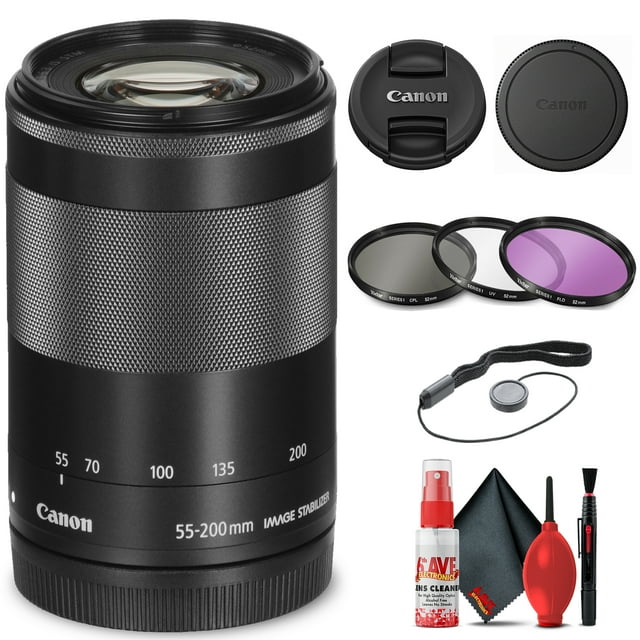 Canon EF-M 55-200mm F/4.5-6.3 IS STM Lens (Black) (9517B002) + Filter Kit + More(International Model)