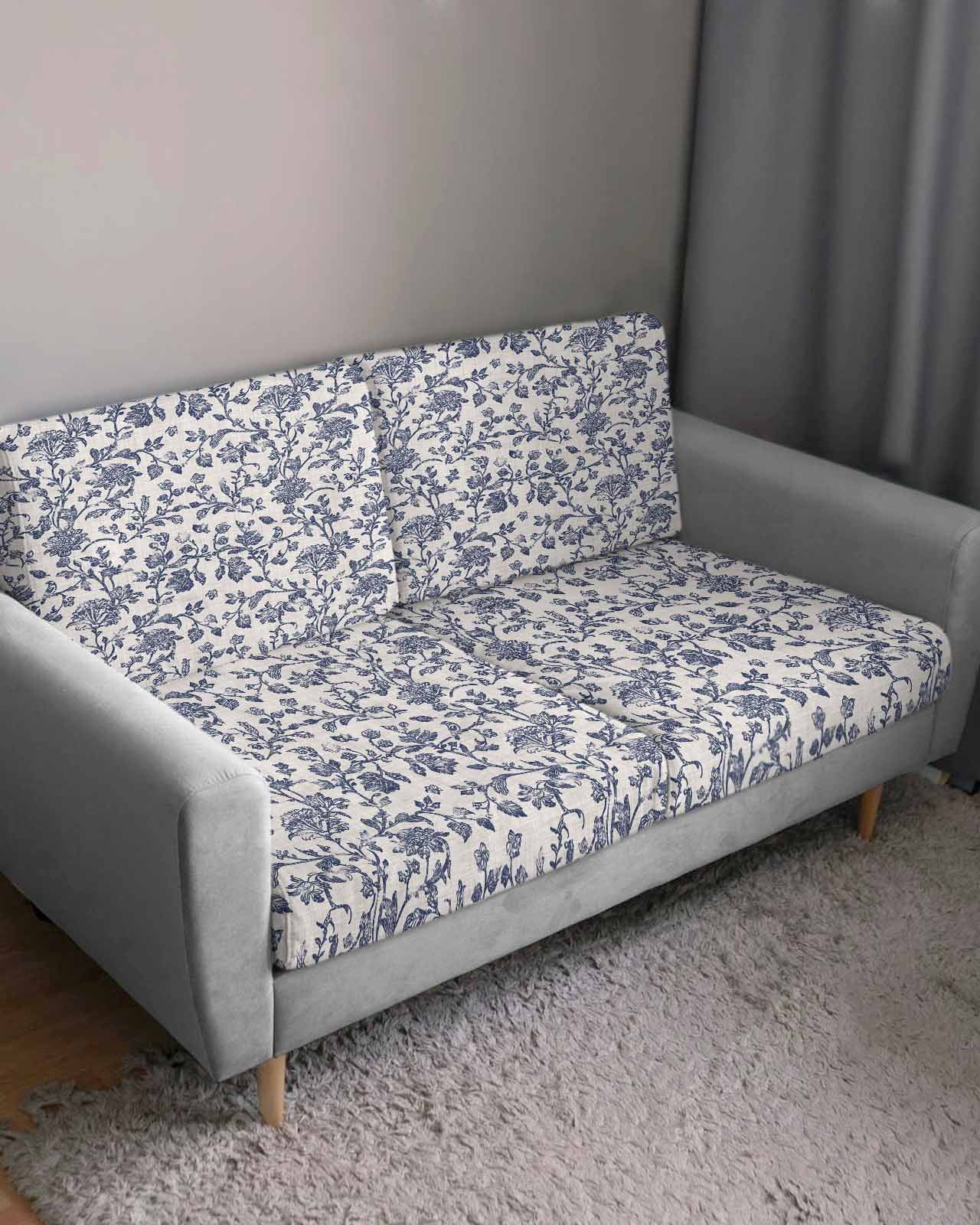 Blue Floral Leaf Couch Cushion Covers Stretch, Washable Sofa Seat Covers Individual Seat Cushion Sofa Slipcovers Retro Farmhouse Plant Tree Branch Couch Cover Furniture Protector S-1PCS