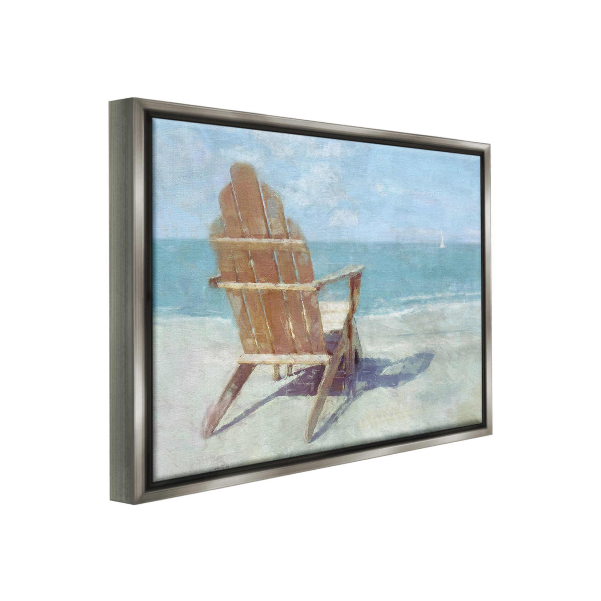 Stupell Industries Chair with Sailboat View Landscape Painting Gray Floater Framed Canvas Art Print Wall Art, 31 x 25