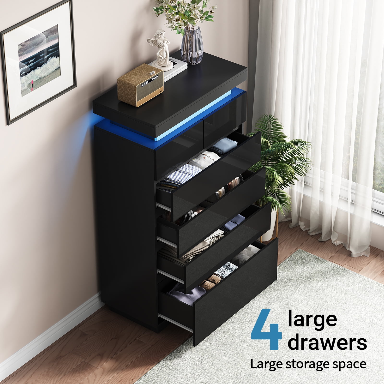 6 Drawers Dresser, Modern Tall Dresser for Closet with Adjustable LED Lights, High Gloss Chests of Drawers, Wood Storage Cabinet for Bedroom, Entryway, Living Room, Dressing Room, Black