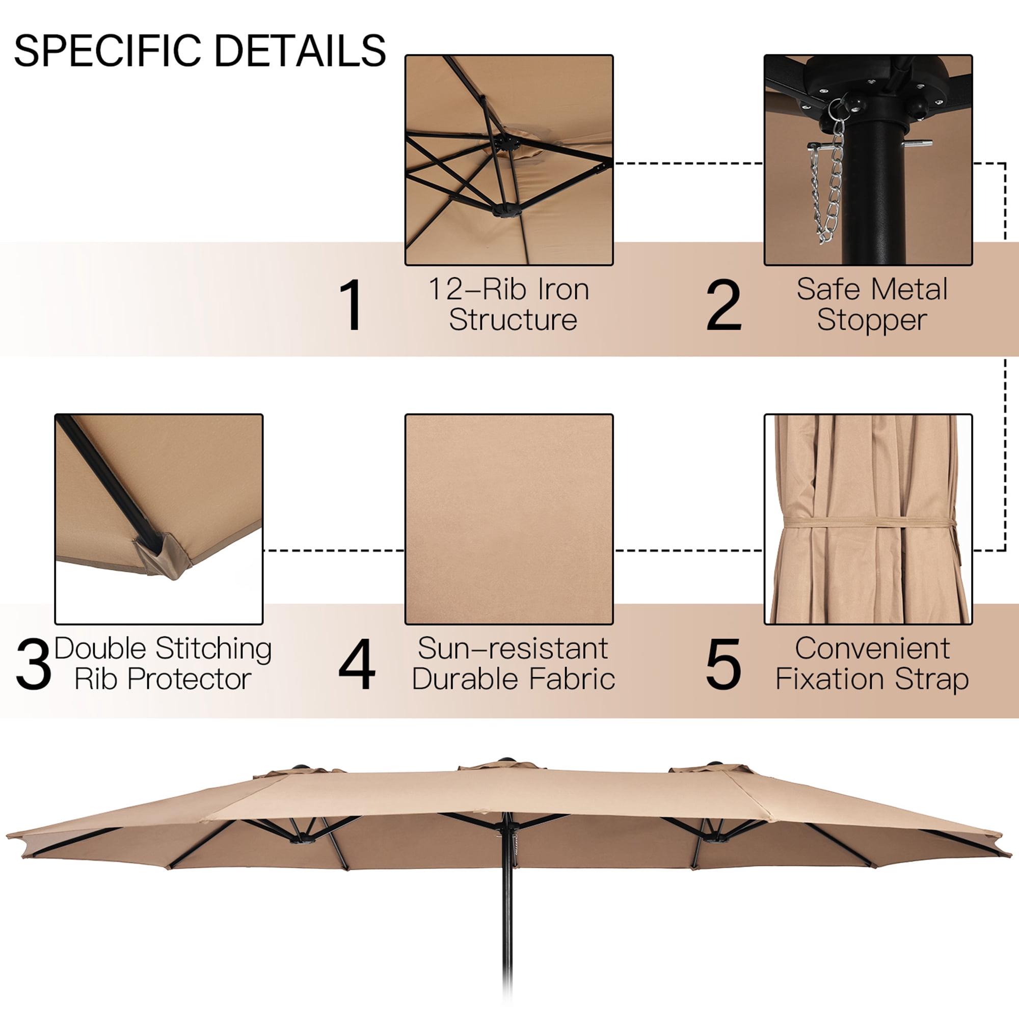 Gymax 15 ft Double-Sided Patio Twin Umbrella Extra-Large Market Umbrella w/ Base Coffee