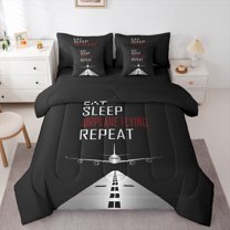 Homewish Eat Sleep Airplane Boy 7-Piece King Bedding Set - Transportation Black Grey
