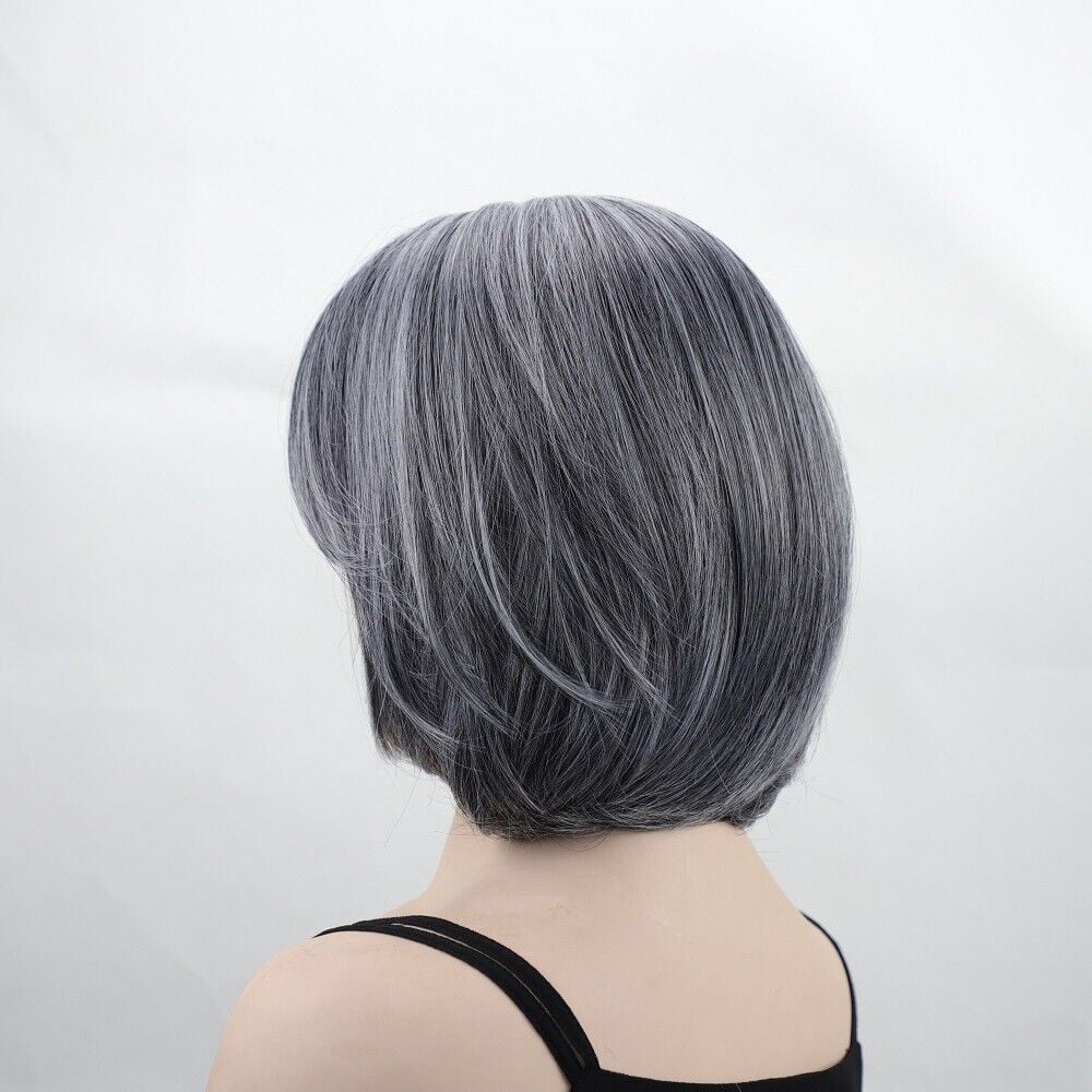 New Women's Short Straight Bob Wig with Curtain Bangs Gray Synthetic Hairpiece
