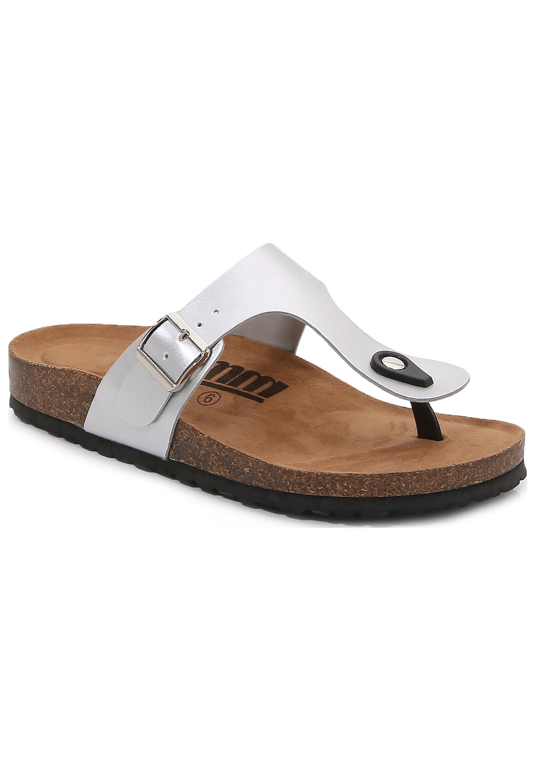 Women Soft Cork Footbed PU Leather Hook and Loop T Strap Flip Flops (PU Silver / 9 )