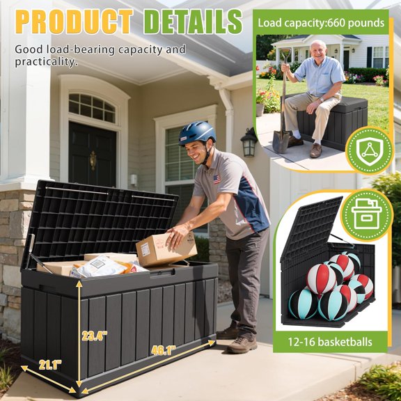 82 Gallon Resin Deck Box Large Outdoor Storage for , Garden, Pool - Weatherproof, Resistant, Lockable, Black