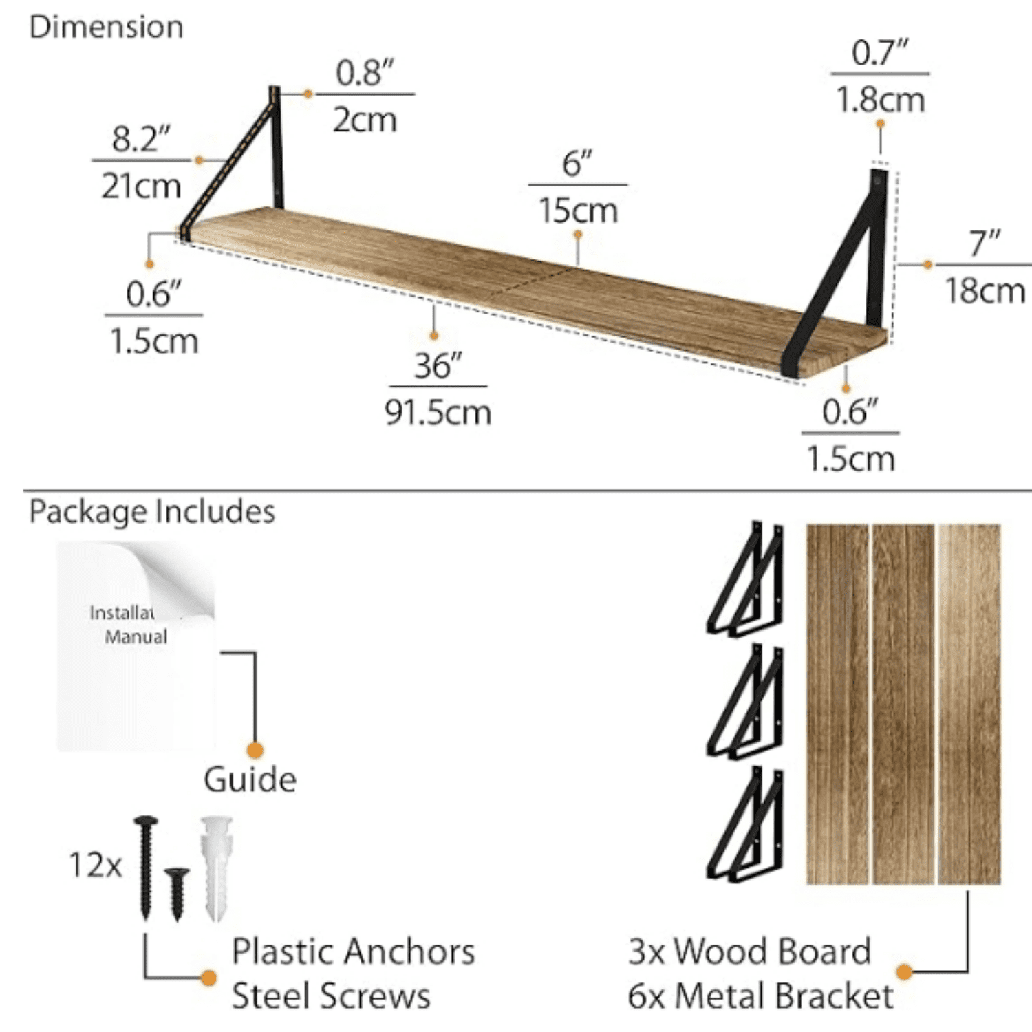 Bora 36 Inch Large Floating Shelves for Wall Storage, Floating Bookshelf Set of 3, Burned Wood Wall Shelves for Books