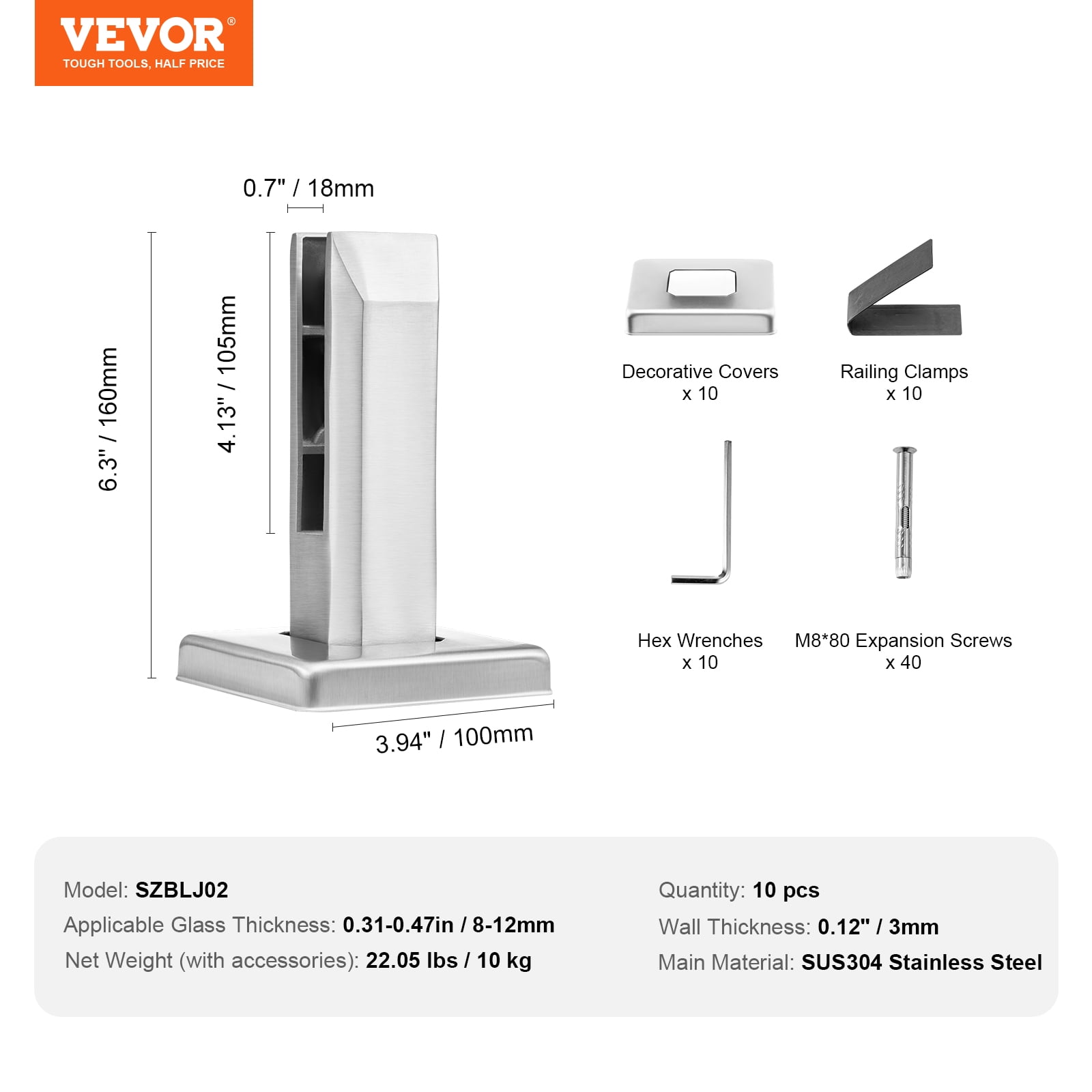 VEVOR Glass Clamp, 10 PCS Square Glass Railing Bracket for 0.31 "-0.47 " Tempered Glass, 304 Stainless Steel Glass Mounting Clamp, 0.12” Thick Glass Shelf Bracket for Balcony,Garden,Stair,Silver