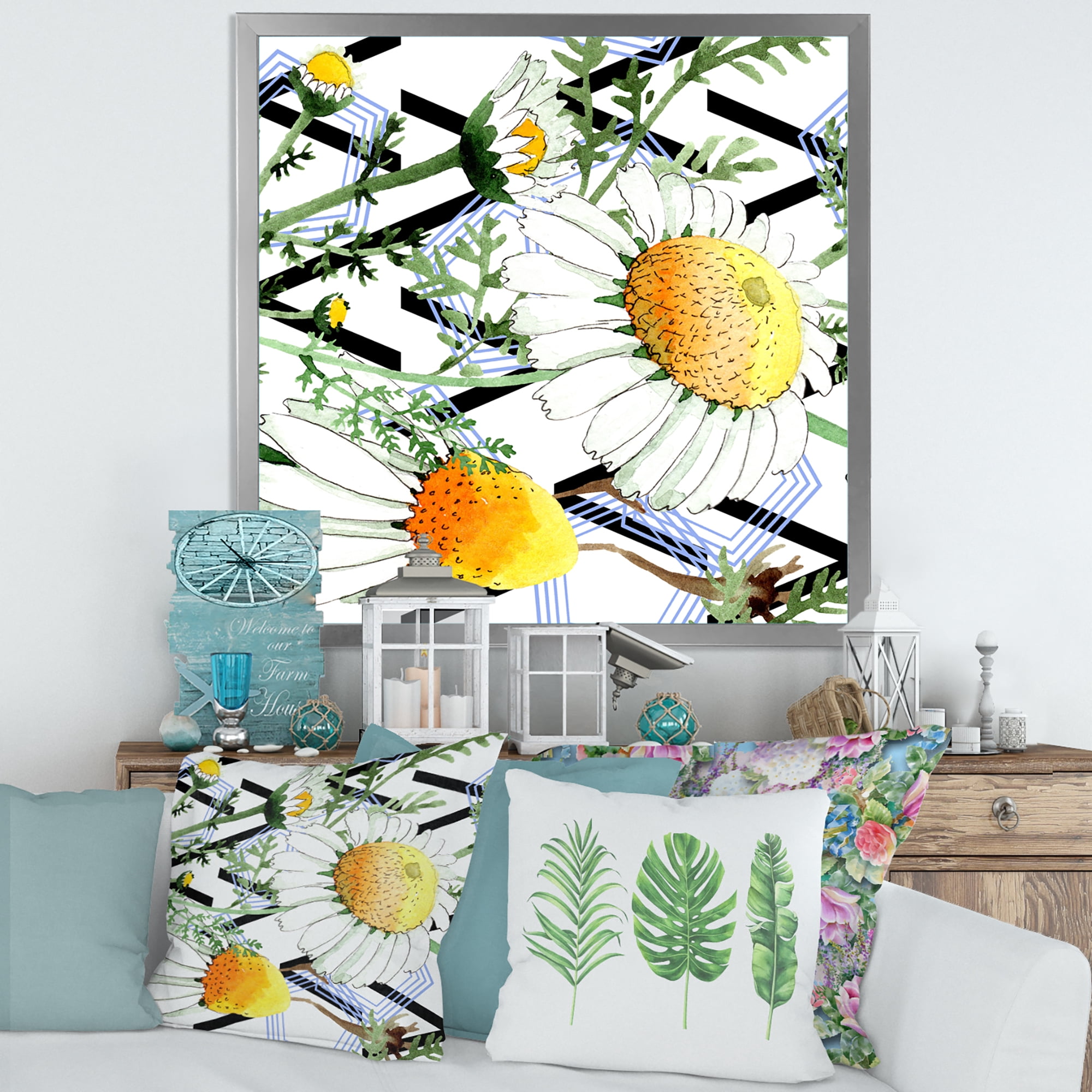 Wild Spring Chamomile Flowers On Geometric Lines 36 in x 36 in Framed Painting Canvas Art Print, by Designart
