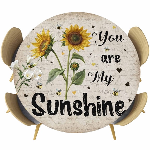 Vintage Sunflower Round Fitted Table Cover You Are My Sunshine Distressed Farmhouse Waterproof Table Cloth with Elastic Edge Wipeable Tablecloth for Picnic Camping Party Fits 36"-44" Diameter
