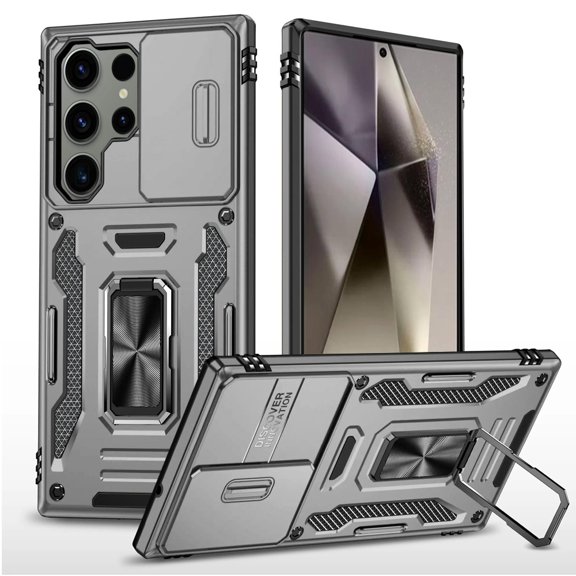 For Samsung Galaxy S25 Ultra Case, Tough Hybrid Case with Movable Camera Window & Metal Ring Stand Shockproof Phone Cover (Gray)