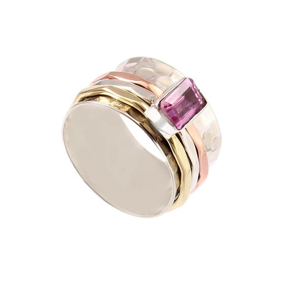 Pink Sapphire Stone Three Tone 925 Sterling Silver Spinner Band Ring Jewelry