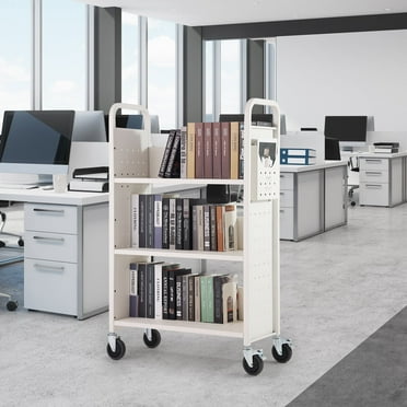 KFFKFF Book Cart Library Cart 330 lbs Capacity with L-Shaped Shelves in White