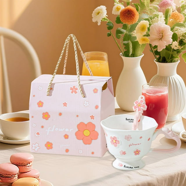 Taza de café de cerámica, taza de té con forma de flor, de de 380 ml con cuchara, de café única, regalo de cumpleaños de Valentín para Blanco