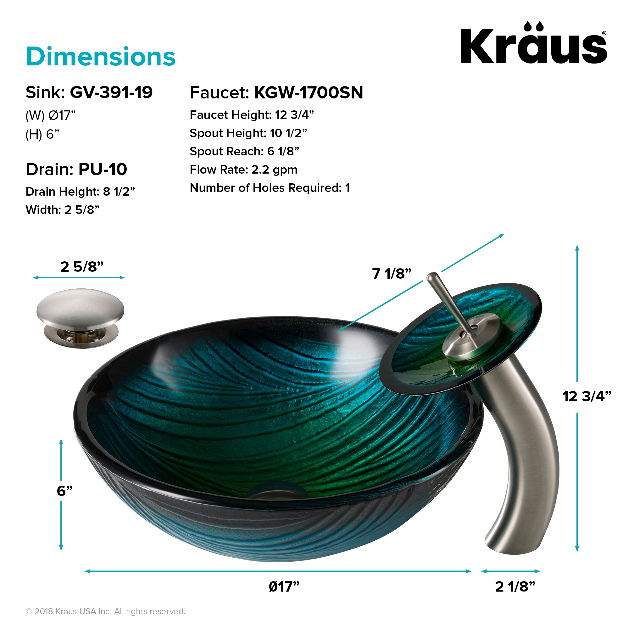 KRAUS Nature Series Green Glass Bathroom Vessel Sink and Waterfall Faucet Combo Set with Matching Disk and Pop-Up Drain, Satin Nickel Finish