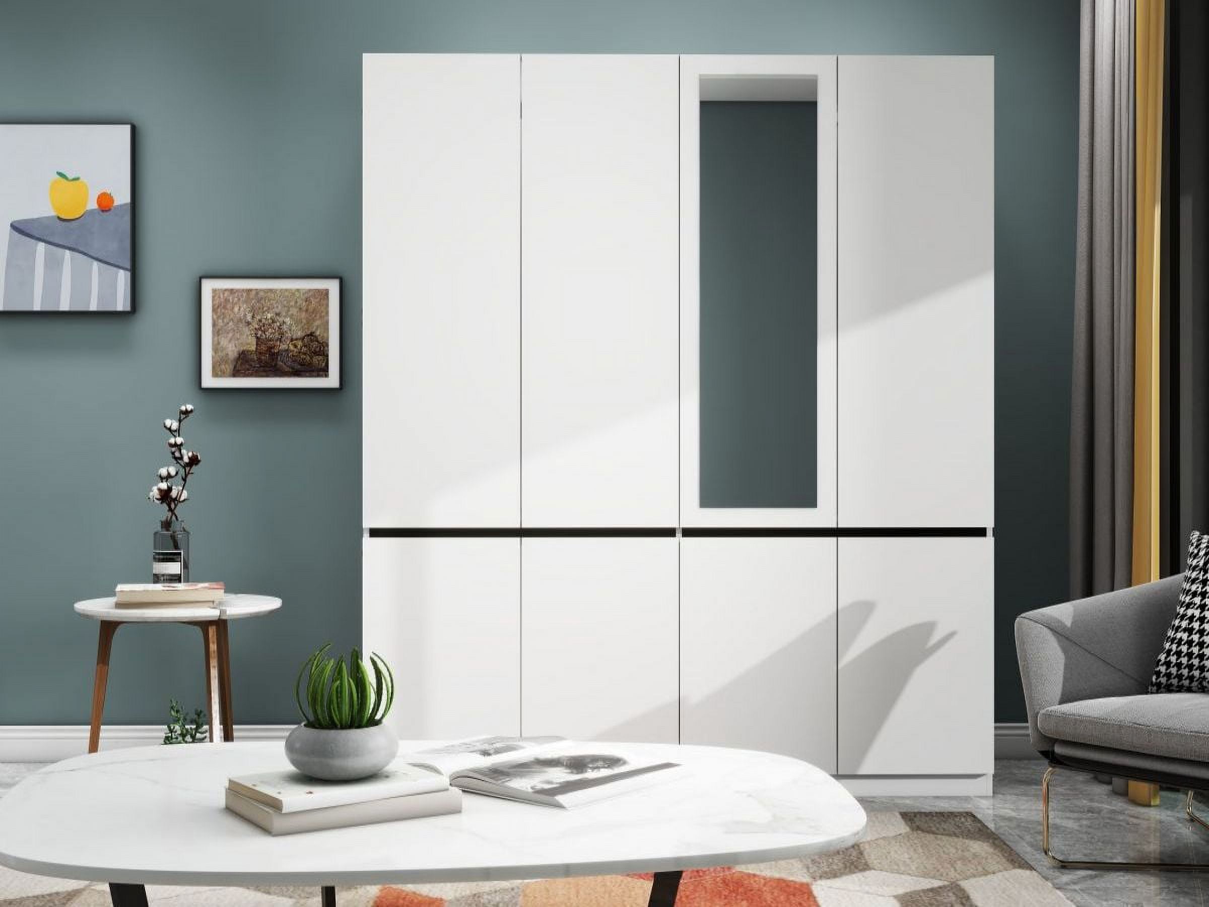 Modern Minimalist Style Wardrobe Armoire，Four-Door Pull-Free Silver Mirror Wardrobe with Built-In Mirrors (White,W62.99 x D20.47x H74.02)