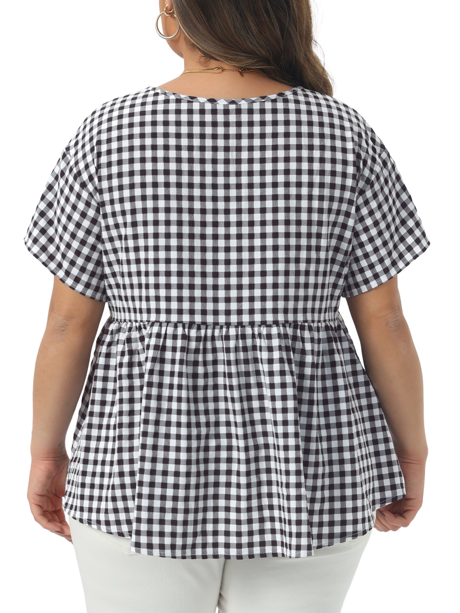 Women's Plus Gingham Tops Plaid Short Sleeve V Neck Summer Babydoll Top 4X Black