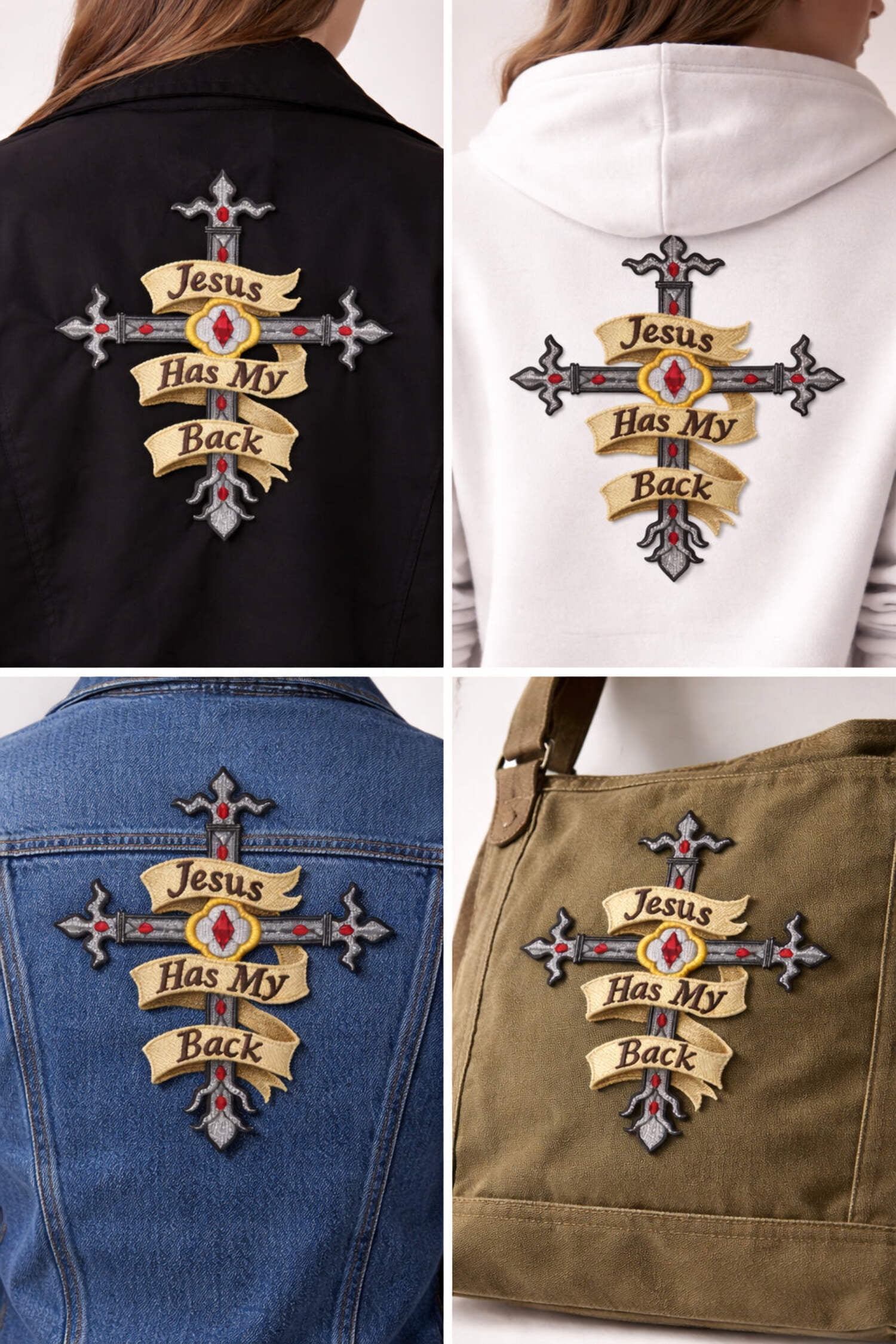 Holy Cross Jesus has My Back Embroidery Iron On/Sew Patch [6.5" x 4.87"]