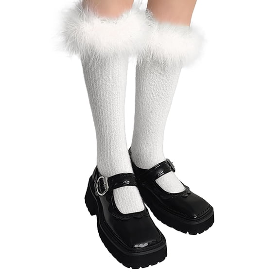 PMVFHDE Women's Long Socks Fashion Feather Lace Trim Mid Calf Warm Socks Soft Feather Detail Indoor Floor Socks White