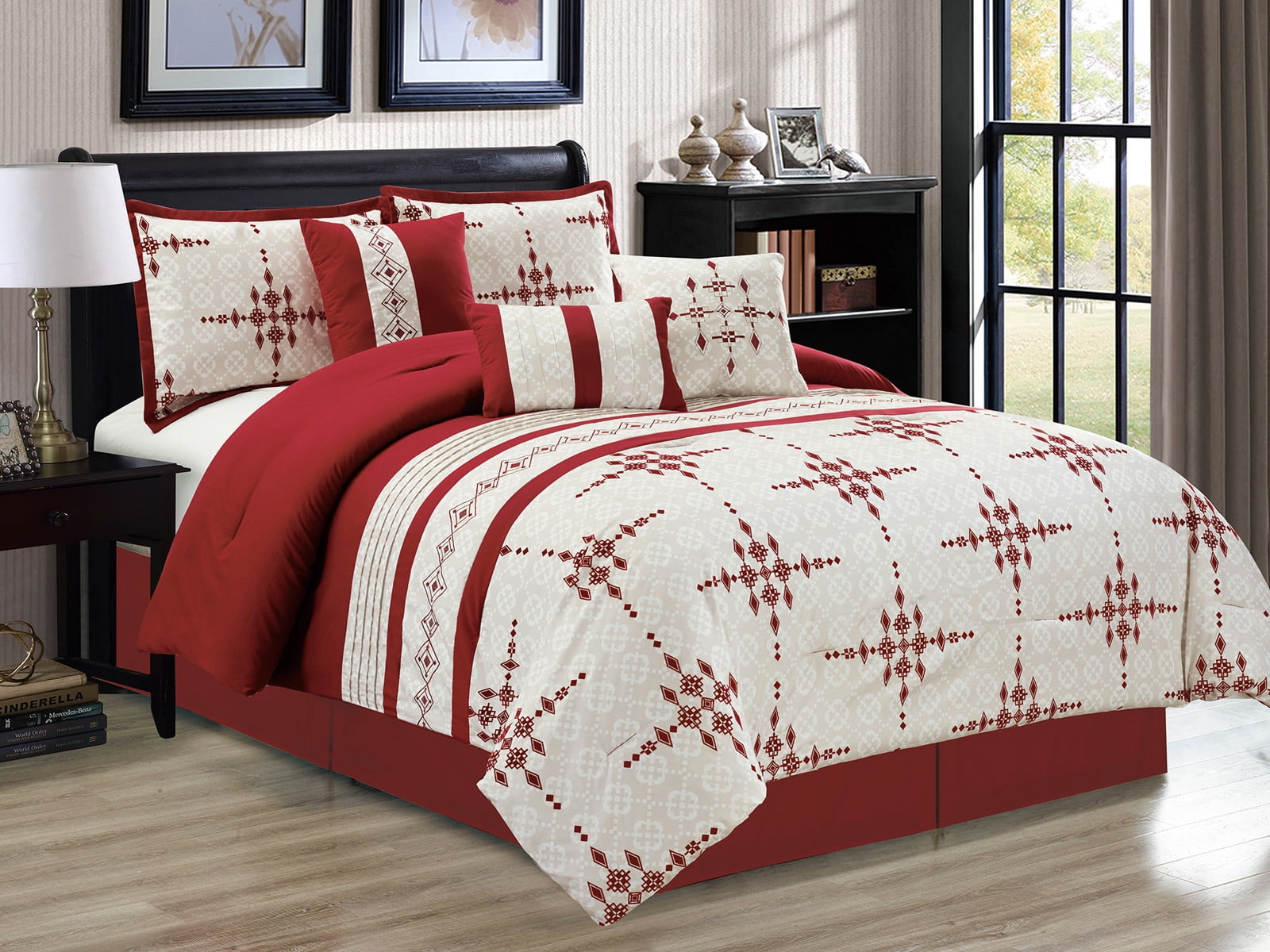 7 Pc Safi Diamond Star Embroidery Trellis Clover Pleated Comforter Set Burgundy Red Beige King Walmart Com Walmart Com