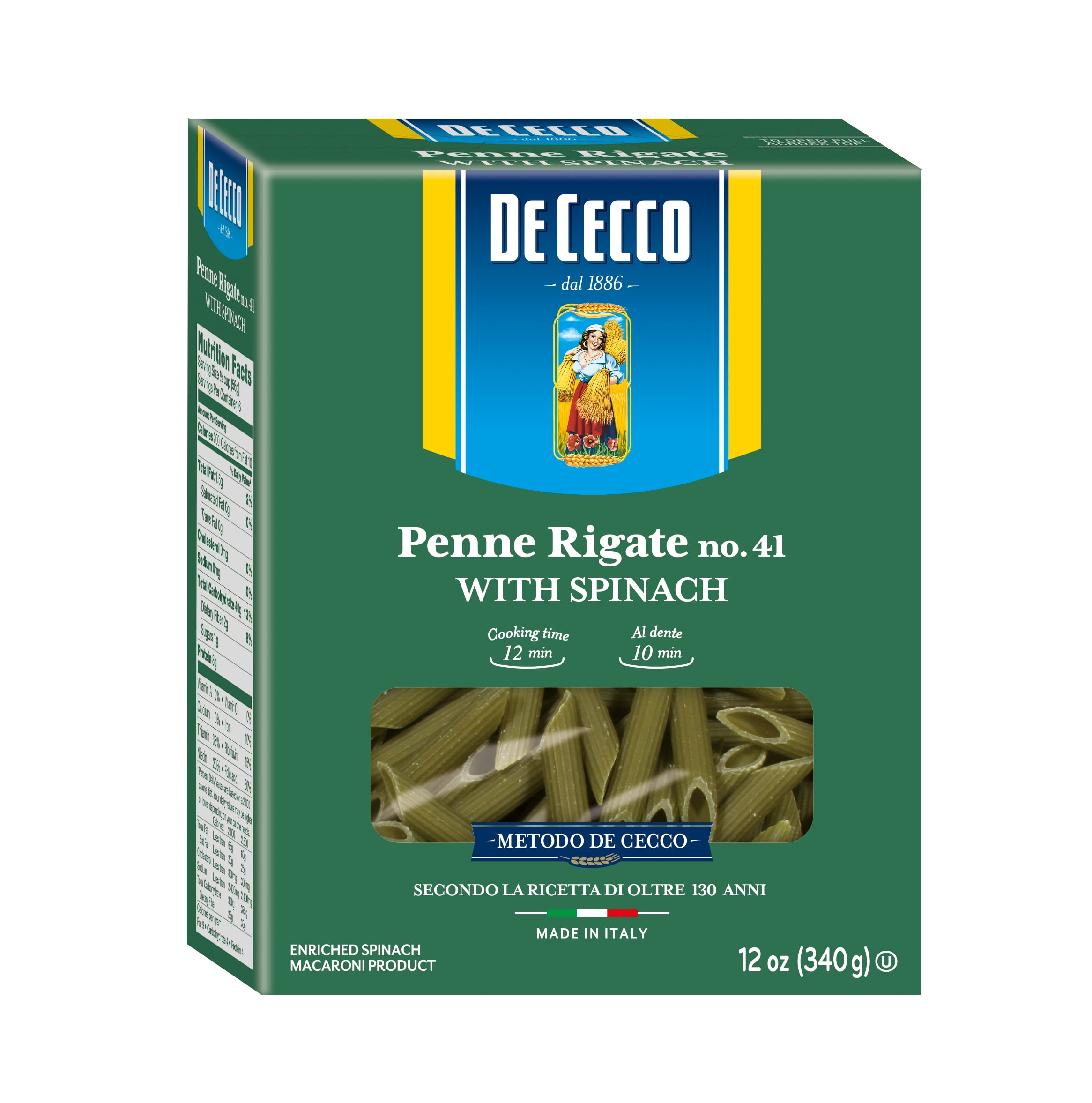 De Cecco Penne Rigate No.41 Pasta with Spinach, 12 oz
