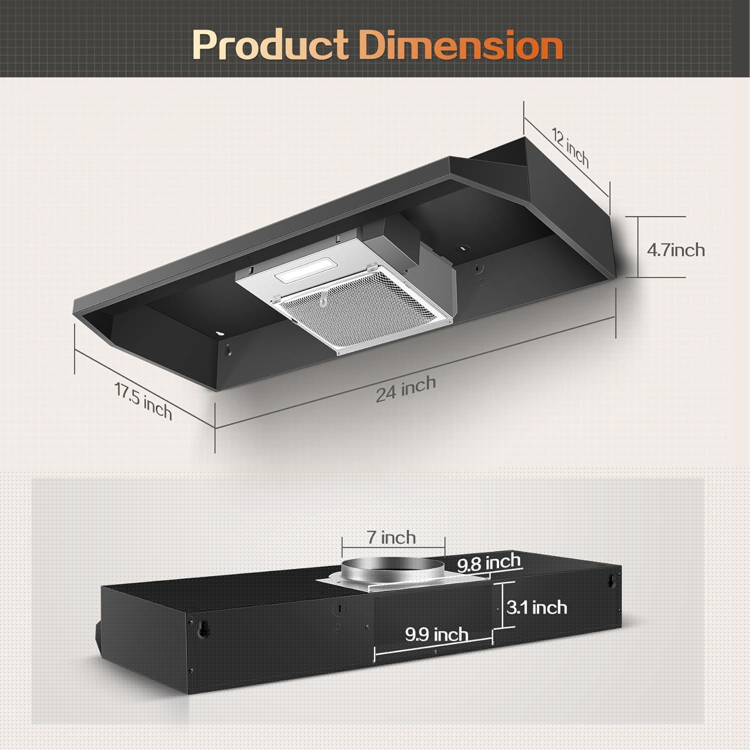 24 inch Under Cabinet Range Hood 280CFM Black Ducted/Ductless Kitchen Stove Vent with 2 Speed Fan LED Bulb