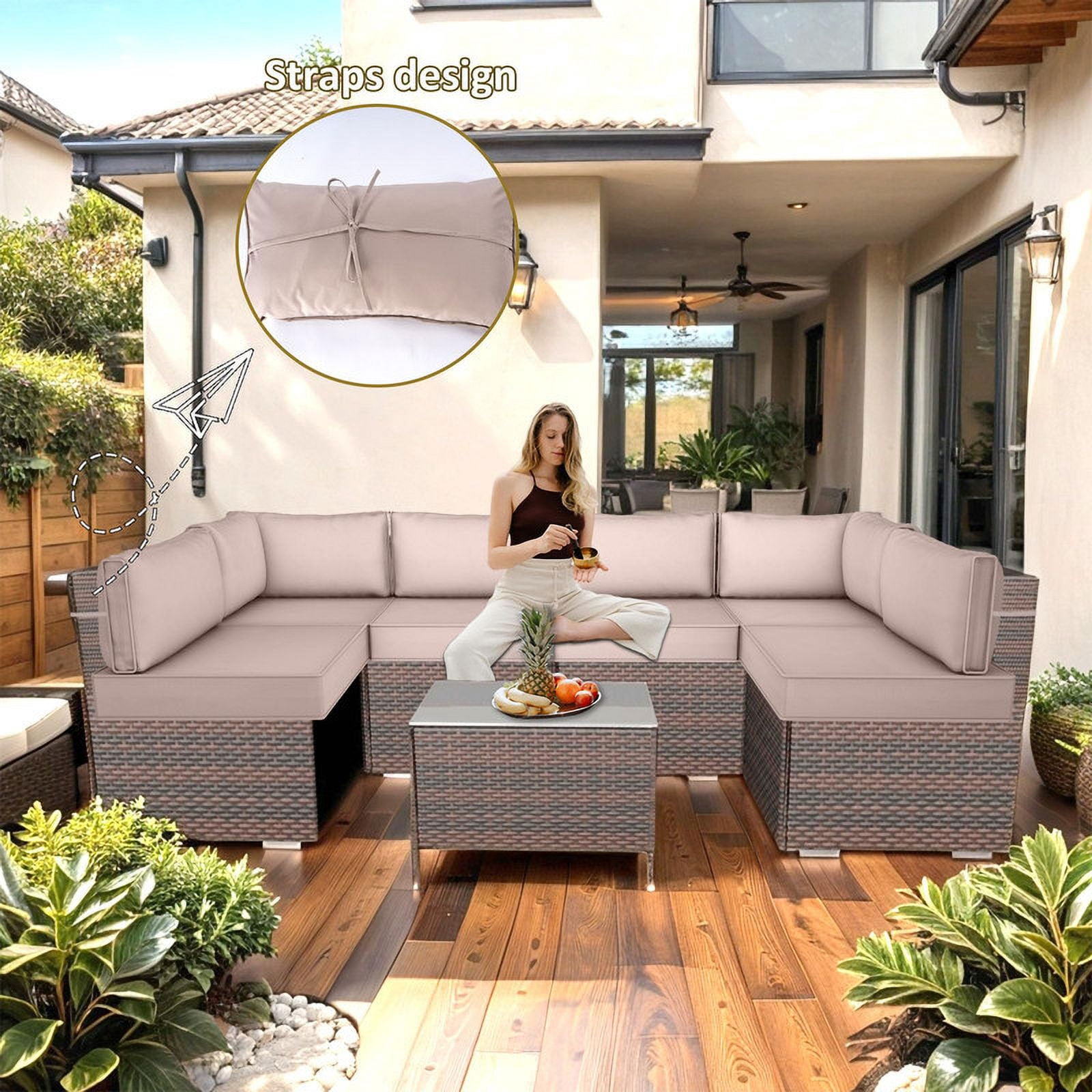 Outdoor Replacement Cushions for Patio Furniture,14-Piece Patio Water-Resistant Replacement Sofa Cushions Fits 6-seat Sectional Rattan Conversation Set,Liner&Cover