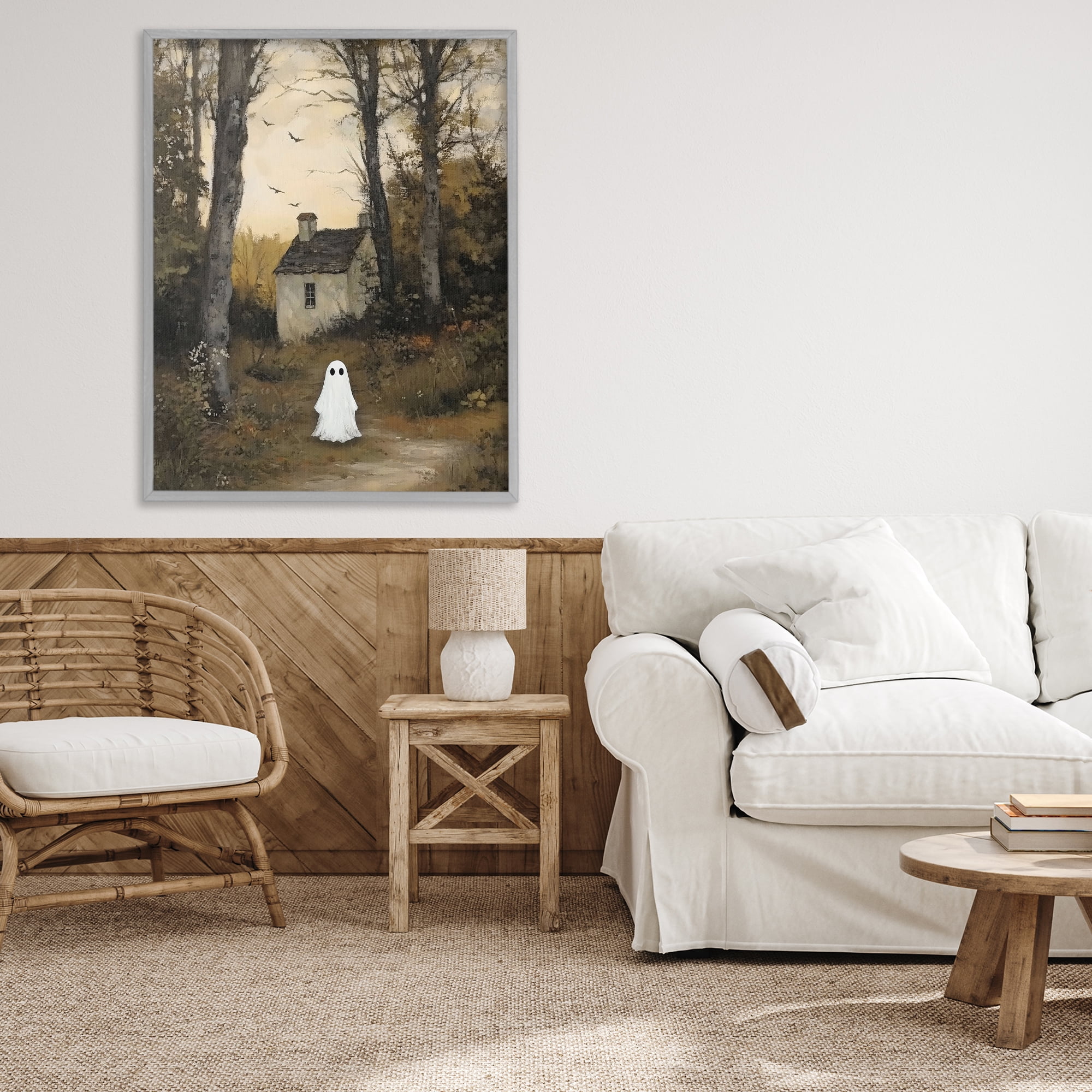 Little Ghost in Cottage Forest Gray Framed Giclee Art, design by Arlington Prints