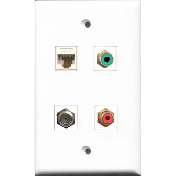 RiteAV 1 Port RCA Red and 1 Port RCA Green and 1 Port Coax Cable TV- F-Type and 1 Port Cat6 Ethernet White Wall Plate