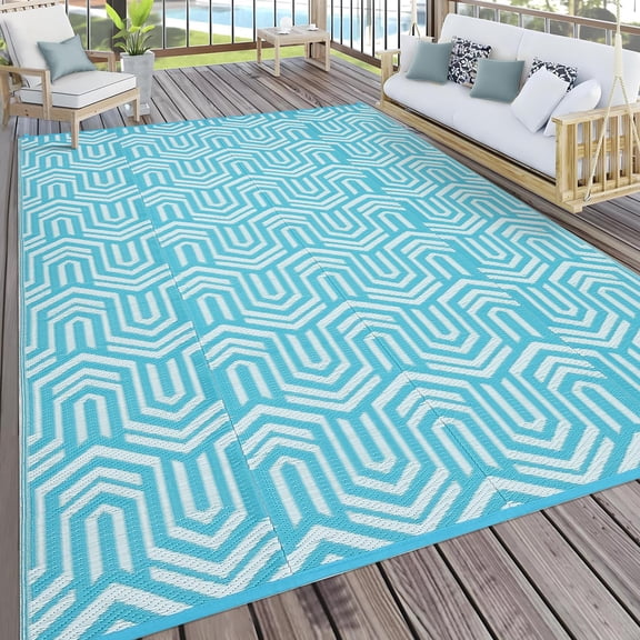Reversible Outdoor Area Rug 9x18 Large Camping RV Rug Blue White | Waterproof Plastic Straw Patio Rug, Modern Geometric Lightweight Mat, Easy Clean for Deck, Balcony, Backyard
