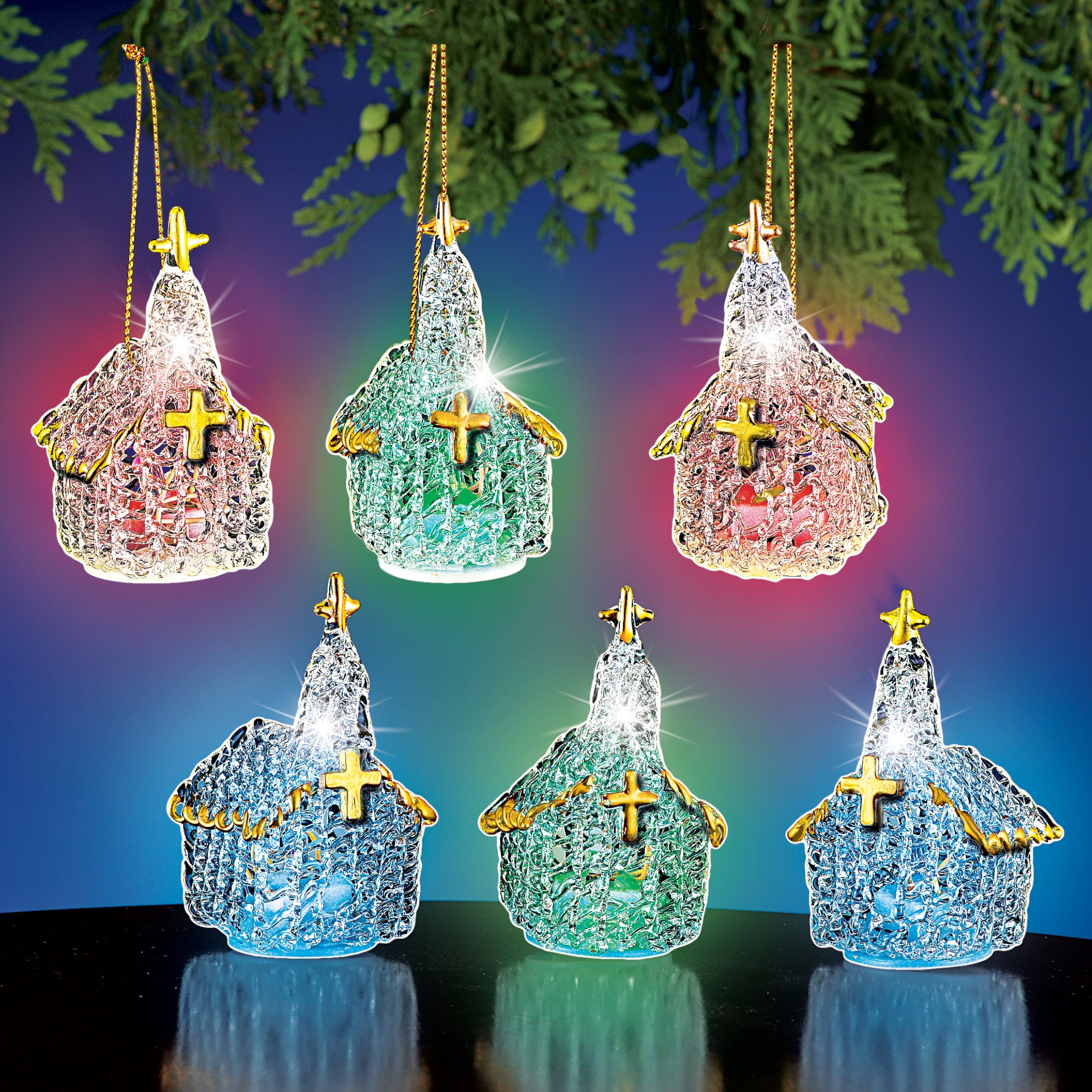 Lit Glass Church Christmas Tree Ornaments Set, Holy Cross, Gold String
