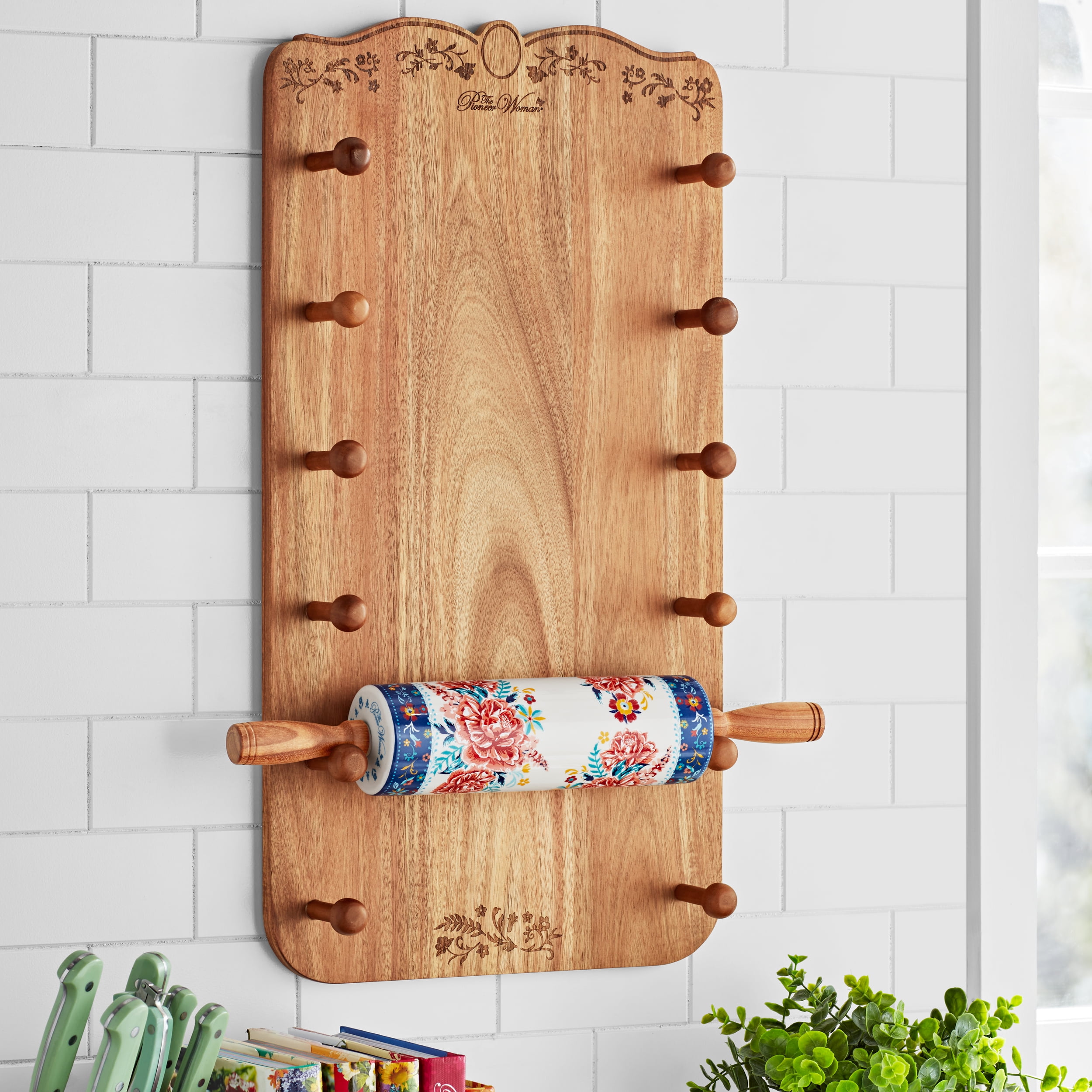 The Pioneer Woman Keepsake Floral 17.7" Ceramic Rolling Pin with Acacia Wood Holder