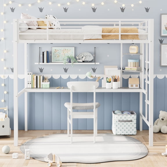 Space-Saving Metal Loft Bed with Large Desk & Storage – Heavy Duty Steel Slats, Guardrail & Ladder – Twin Size for s & Adults – White Tube Washed Gray Tabletop