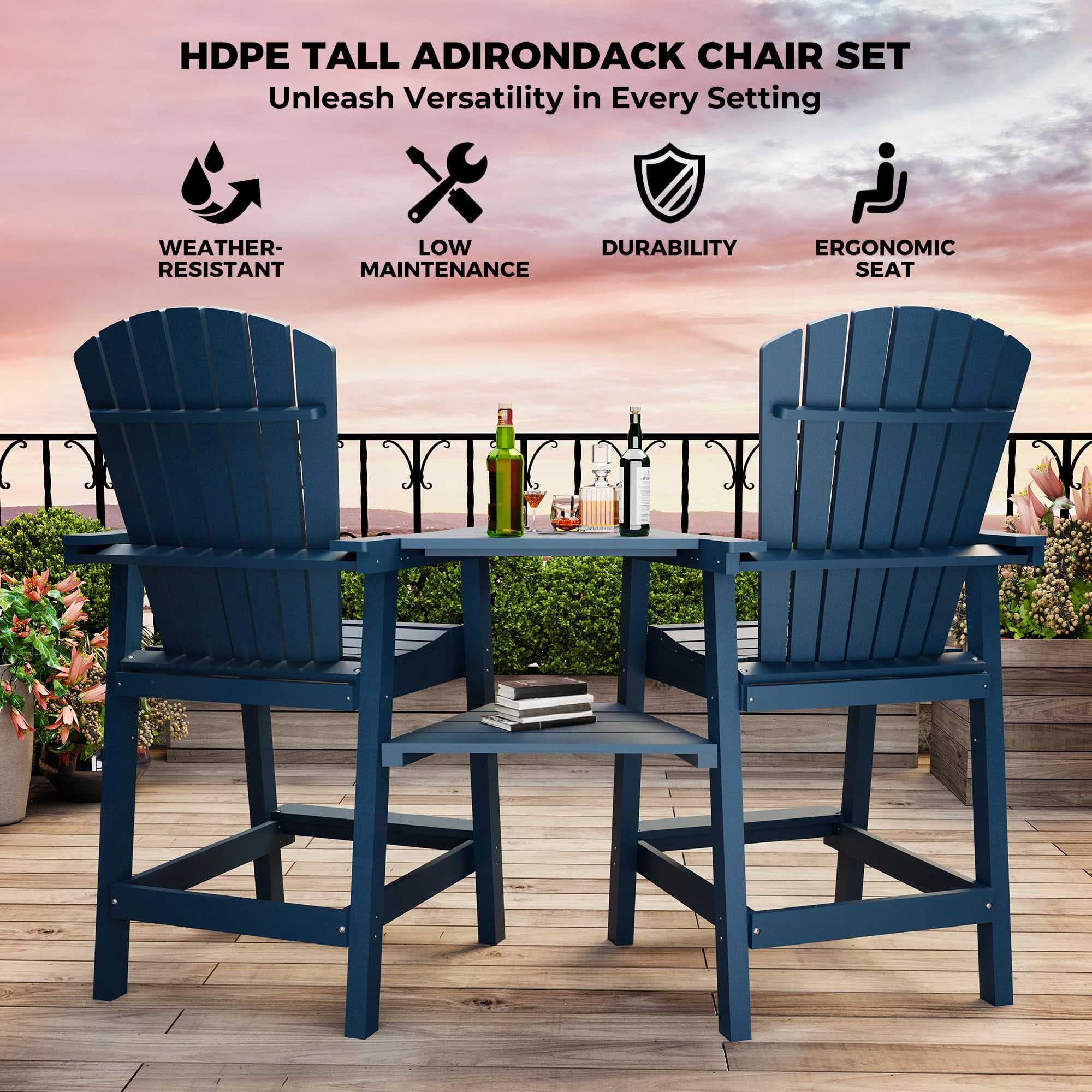 Outdoor Bar Height Adirondack Chairs, Balcony Chairs Recycled Poly Adirondack for Deck, Backyard, Tall Adirondack Chairs Weather&nbsp; Set of 2, Navy Blue