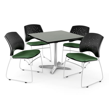 OFM Core Collection Breakroom Bundle Folding Table with 4 Stars Stacking Chairs, 42", Gray Nebula & Forest Green