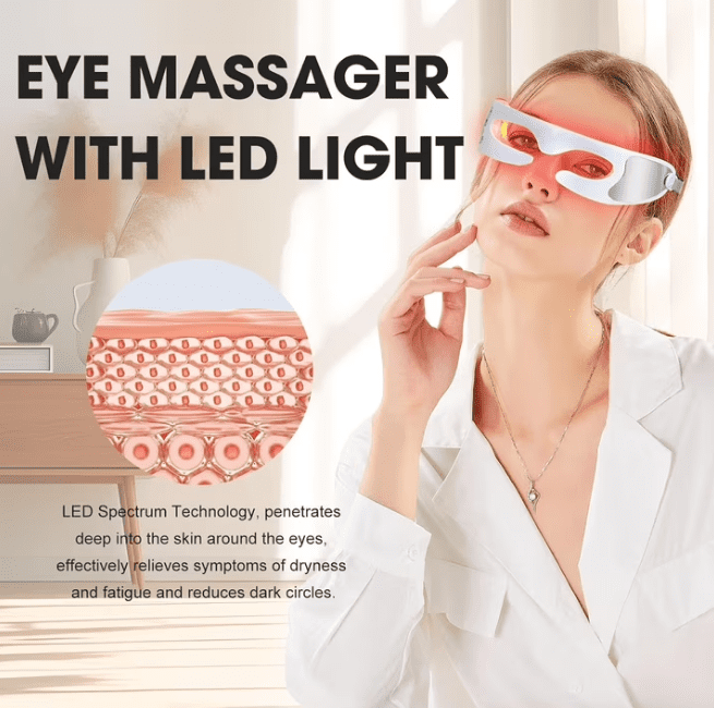 Cordless Eye Massager with Red Light Therapy, Vibration Eye Relaxation Goggles for Tired Eyes, Portable Wearable Eye Care Device for Home & Office