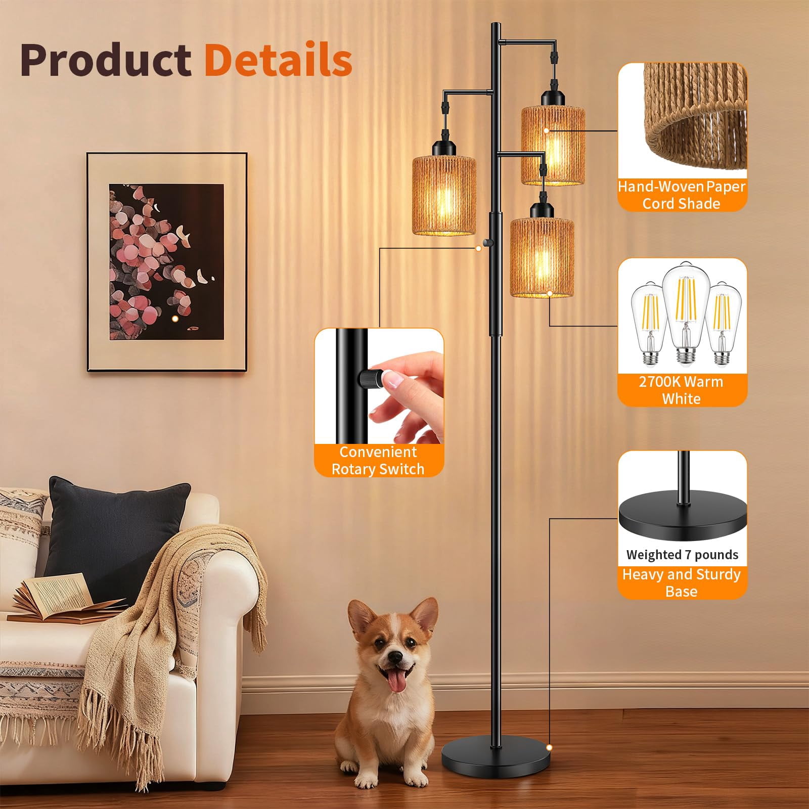 72" Boho Rattan Floor Lamp with Hand-Woven Paper Cord Shade, Dimmable Tree Lamp for Living Room