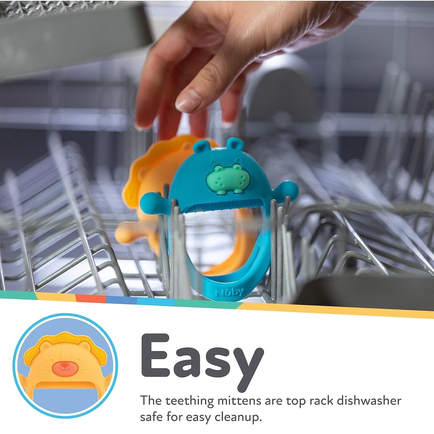 Nuby Mini Wrist Grip Silicone Teething Mitten for Babies, Lion